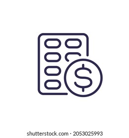 medication cost line icon, pills and money