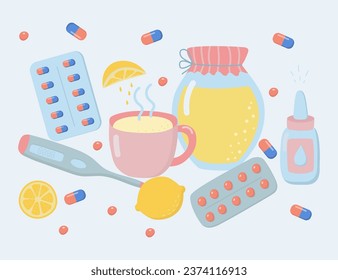 Medikamente gegen Husten, Halsschmerzen, Grippe, laufende Nase, Influenza. Arzneimittel Nasenspray, Tabletten, Kapseln. Medizin und Gesundheitswesen.