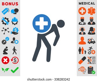 Medication Courier vector icon with bonus. Style is bicolor flat symbol, smooth blue colors, rounded angles, white background.