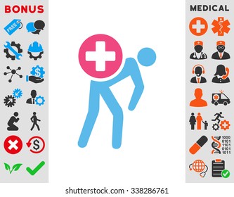 Medication Courier vector icon with bonus. Style is bicolor flat symbol, pink and blue colors, rounded angles, white background.
