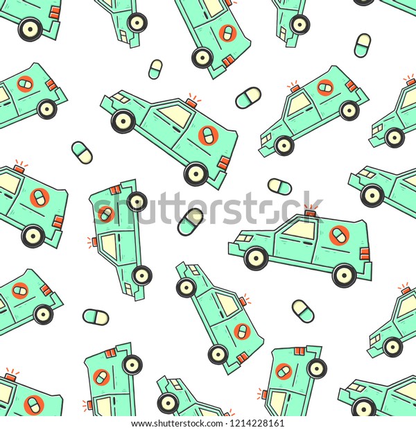 Medication\
Delivery Seamless Pattern. First Aid Seamless Pattern. Hand-Drawn\
Medical Concept Car. Medicine car on white background isolated.\
Stock Vector Illustration. Cartoon style.\
