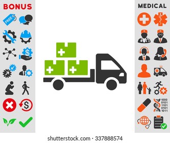 Medication Delivery vector icon with bonus. Style is bicolor flat symbol, eco green and gray colors, rounded angles, white background.