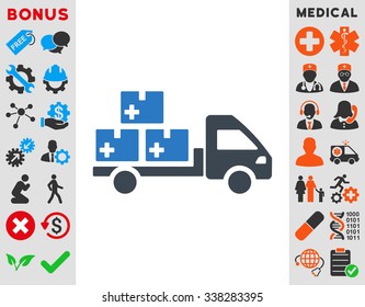 Medication Delivery vector icon with bonus. Style is bicolor flat symbol, smooth blue colors, rounded angles, white background.