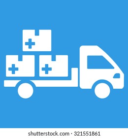 Medication Delivery vector icon. Style is flat symbol, white color, rounded angles, blue background.