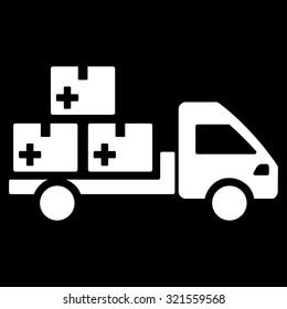 Medication Delivery vector icon. Style is flat symbol, white color, rounded angles, black background.