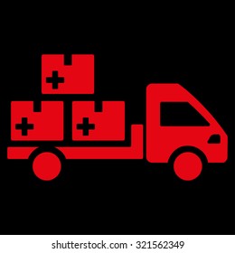 Medication Delivery vector icon. Style is flat symbol, red color, rounded angles, black background.