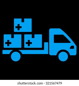Medication Delivery vector icon. Style is flat symbol, blue color, rounded angles, black background.