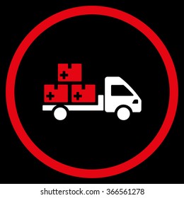 Medication Delivery vector icon. Style is bicolor flat circled symbol, red and white colors, rounded angles, black background.