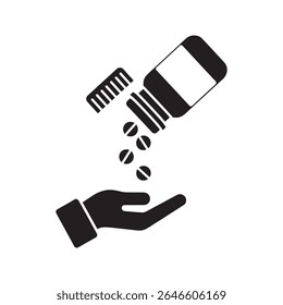 ícone de glifo de dosagem de medicação mostrando a mão recebendo comprimidos do frasco para o tratamento farmacêutico correto vetor ilustração vetor ícone de glifo sólido