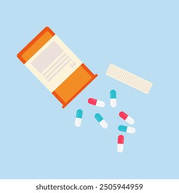 Medication dropping out of orange pharmacy vial. Red and blue pills. Prescription drugs. Flat modern vector illustration.