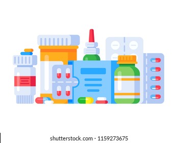 Medication drugs. Medicine pill, pharmacy drug bottle and antibiotic or aspirin pills cure treatment. Medications prescription vitamin capsules painkillers, health shop isolated vector illustration