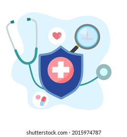 Medication equipment, stethoscope and magnifying glass with elements of pills, medicine, heart, echo grapg