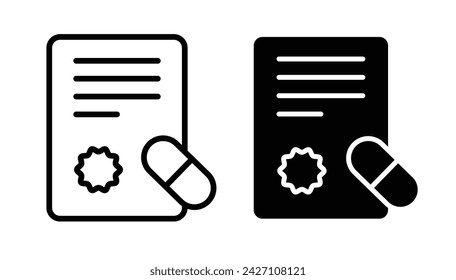 Icono de línea de fórmula de medicación. Icono de prescripción farmacéutica en color blanco y negro.
