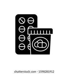 Medication glyph icon. Prescribed pills. Pharmacy and medicine. Allergy treatment. Diet supplement. Aspirin in bottle. Painkiller drug. Silhouette symbol. Negative space. Vector isolated illustration