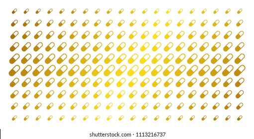 Medication granule icon gold colored halftone pattern. Vector medication granule shapes are arranged into halftone array with inclined gold gradient. Designed for backgrounds, covers,