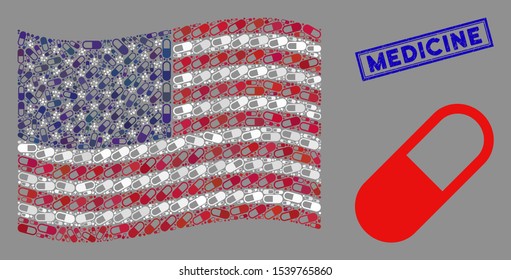 Medication granule items are organized into American flag stylization with blue rectangle grunge stamp seal of Medicine phrase.