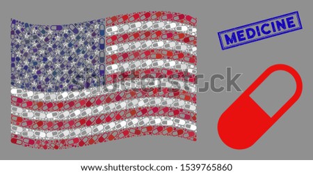 Medication granule items are organized into American flag stylization with blue rectangle grunge stamp seal of Medicine phrase.