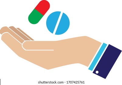 Medikation in der Hand Symbol. Gesundheitsfragen. Handpalmschutzsymbol. Fürsorge dich um deine Gesundheit. Medizinischer Schutz. Tablette und Kapsellogo. Tag der Medizin. Medizinische Behandlung. Vitamine