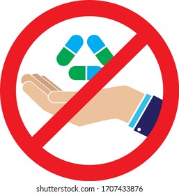 Medication in hand icon. Health issues. No pills. Hand palm protection symbol. Caring for health. Medical protection. Tablet and capsule logo. Harm pill. Medical hazardous treatment. Fake vitamins