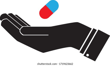 Medication in hand icon. Health issues. Hand palm protection symbol. Caring for your health. Medical protection. Tablet and capsule logo. Day of medicine. Medical treatment. Vitamins