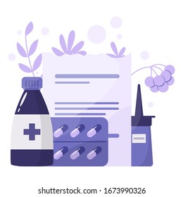 Medication and health treatment concept. Collection of pharmacy drug in bottle and box. Medicine pill and prescription form. Drugstore and pharmacist concept. Isolated vector illustration