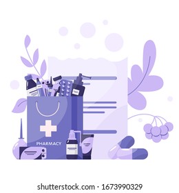 Medication and health treatment concept. Collection of pharmacy drug in bottle and box. Medicine pill and prescription form. Drugstore and pharmacist concept. Isolated vector illustration