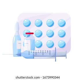 Medication and health treatment concept. Collection of pharmacy drug in bottle and box. Medicine pill in pack. Drugstore and pharmacist concept. Isolated vector illustration