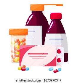 Medication and health treatment concept. Collection of pharmacy drug in bottle and box. Medicine pill in pack. Drugstore and pharmacist concept. Isolated vector illustration