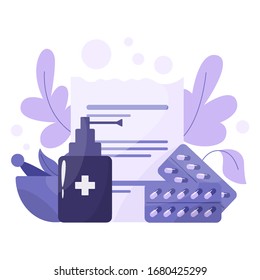 Medication and health treatment concept. Collection of pharmacy drug in bottle and box. Medicine pill and prescription form. Drugstore and pharmacist concept. Isolated vector illustration