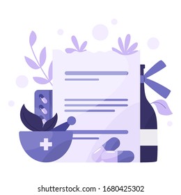 Medication and health treatment concept. Collection of pharmacy drug in bottle and box. Medicine pill and prescription form. Drugstore and pharmacist concept. Isolated vector illustration