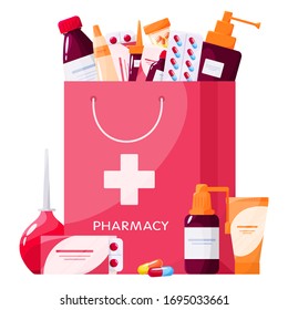 Medication and health treatment concept. Collection of pharmacy drug in bottle and box. Medicine pill in a bag. Drugstore and pharmacist concept. Isolated vector illustration