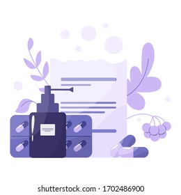 Medication and health treatment concept. Collection of pharmacy drug in bottle and box. Medicine pill and prescription form. Drugstore and pharmacist concept. Isolated vector illustration