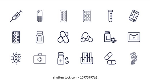 Medication icon. collection of 18 medication outline icons such as pill, syringe, medicine, medical kit, test tube. editable medication icons for web and mobile.