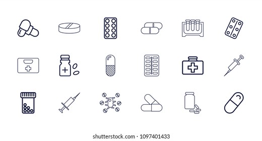 Medication icon. collection of 18 medication outline icons such as bottle pills, first aid kit, pill, medical pills. editable medication icons for web and mobile.
