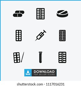 Medication icon. collection of 9 medication filled icons such as paints, syringe, pill, test tube. editable medication icons for web and mobile.
