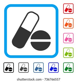 Medication icon. Flat grey iconic symbol inside a light blue rounded rectangle. Black, gray, green, blue, red, orange color variants of Medication vector. Designed for web and software UI.