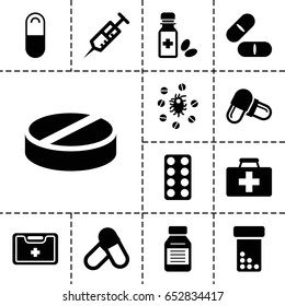 Medication icon. set of 13 filled medicationicons such as first aid kit, syringe, pill, medical kit, medicine bottle, medicine, virus and pills