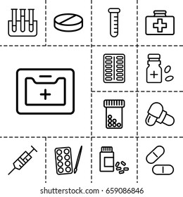 Medication icon. set of 13 outline medicationicons such as paints, first aid kit, syringe, pill, medicine, medical kit, test tube, medicine bottle