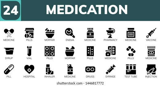 medication icon set. 24 filled medication icons.  Collection Of - Medicine, Pills, Mortar, Enema, Pharmacy, Vaccine, Syrup, Vial, Pill, Hospital, Inhaler, Drugs, Syringe, Test tube
