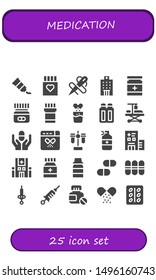 medication icon set. 25 filled medication icons.  Collection Of - Tube, Drug, Needle, Hospital, Medicine, Effervescent, Suppositories, Hospitalization, Pill, Test tube, Syrup