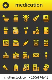 medication icon set. 26 filled medication icons.  Collection Of - Mortar, Hospital, Medicine, Chemical reaction, Nasal spray, Medical, Test tube, Syrup, Pills, Pill, Syringe, Pharmacy