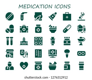  medication icon set. 30 filled medication icons. Simple modern icons about  - Pill, Test tube, Injection, Ointment, Emergency kit, Pills, Medical kit, Drugs, Mortar, Transfusion
