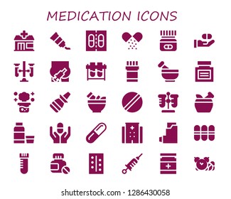  medication icon set. 30 filled medication icons. Simple modern icons about  - Pharmacy, Tube, Medicine, Test tubes, Injection, Mortar, Chemical reaction, Nasal spray, Pill, Test tube