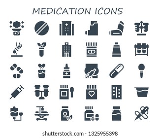 medication icon set. 30 filled medication icons.  Simple modern icons about  - Chemical reaction, Pill, Hospital, Inhalator, Inhaler, Test tube, Medicine, Ointment, Test tubes