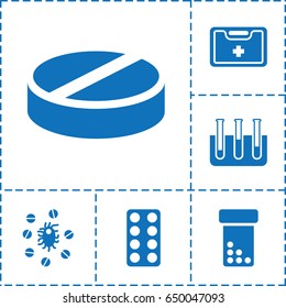 Medication icon. set of 6 medication filled icons such as pill, medical kit, test tube, virus and pills