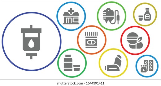 medication icon set. 9 filled medication icons. Included Blood transfusion, Pharmacy, Transfusion, Syrup, Inhaler, Medicine icons