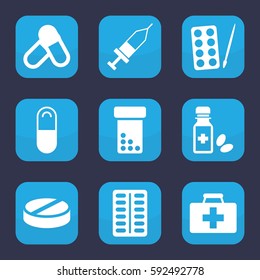 medication icon. Set of 9 filled medication icons such as paints, first aid kit, pill, medicine bottle, injection