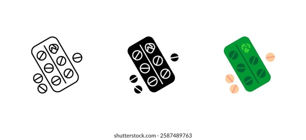 Medication icon set. Blister pack with pills sign. Tablets and capsules symbol. Pharmacy and prescription drug pictogram. Healthcare and treatment illustration.