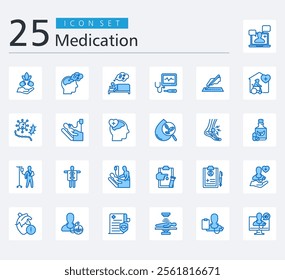 MEDICATION ICON SET BLUE STYLE  with therapeutic, telemedicine, alternative medicine, drug addiction, sleep medicine, medical devices, plastic surgery, palliative care and infectious disease