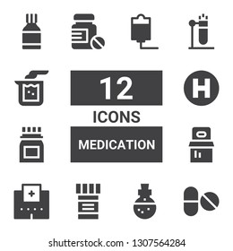 medication icon set. Collection of 12 filled medication icons included Pills, Potion, Medicine, Hospital, Test tube, Beaker, Iv